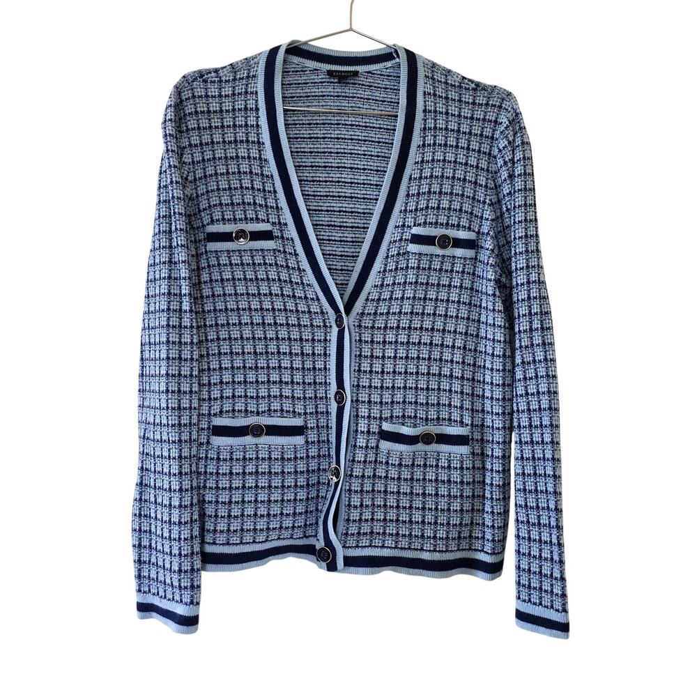 Talbots Tweed Knit Cardigan Blue White Stripe Trim Women Size M Preppy Coastal